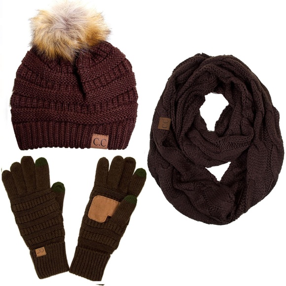 C.C 3pc Knit Warm Pom Beanie Gloves Scarves Set